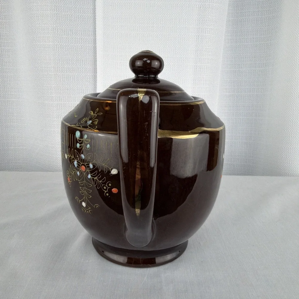 Vintage Brown Betty Redware Teapot Moriage Enamel Hand Painted Japan GUC MCM
